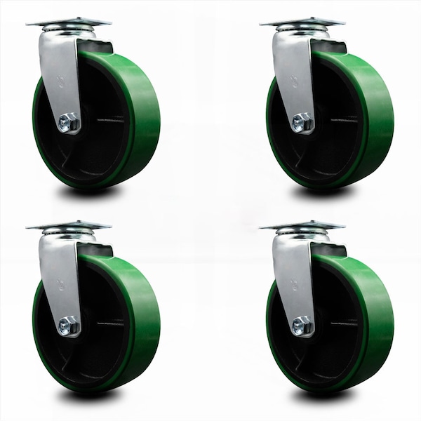 6 Inch Green Poly on Cast Iron Wheel Swivel Caster Set with Roller Bearings SCC